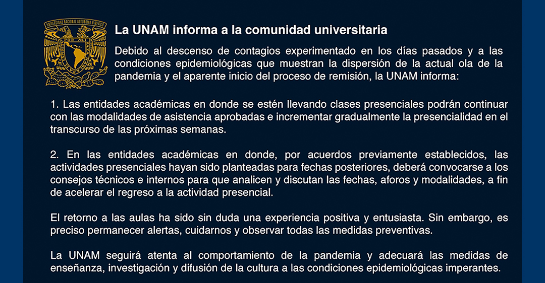 Incremento gradual de la presencialidad en el transcurso de las próximas semanas en la UNAM