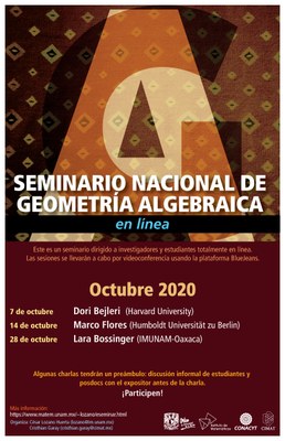 Los miércoles 7, 14, 28 de octubre de 2020 <br>
Seminario virtual, vía Zoom <br>
Unidad Oaxaca del IMUNAM <br/> <a href="https://www.matem.unam.mx/~lozano/eseminar.html"> https://www.matem.unam.mx/~lozano/eseminar.html </a>