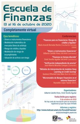 Unidad Cuernavaca del Instituto de Matemáticas, UNAM <br>
El evento se realizará virtualmente del 13 al 16 de octubre y será gratuito. El cupo es limitado. <br/> <a href="http://www.matcuer.unam.mx/EscuelaFinanzas/"> http://www.matcuer.unam.mx/EscuelaFinanzas/ </a>