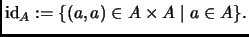 $\displaystyle \mathrm{id}_A:=\{(a,a)\in A\times A\mid a\in A\}.
$